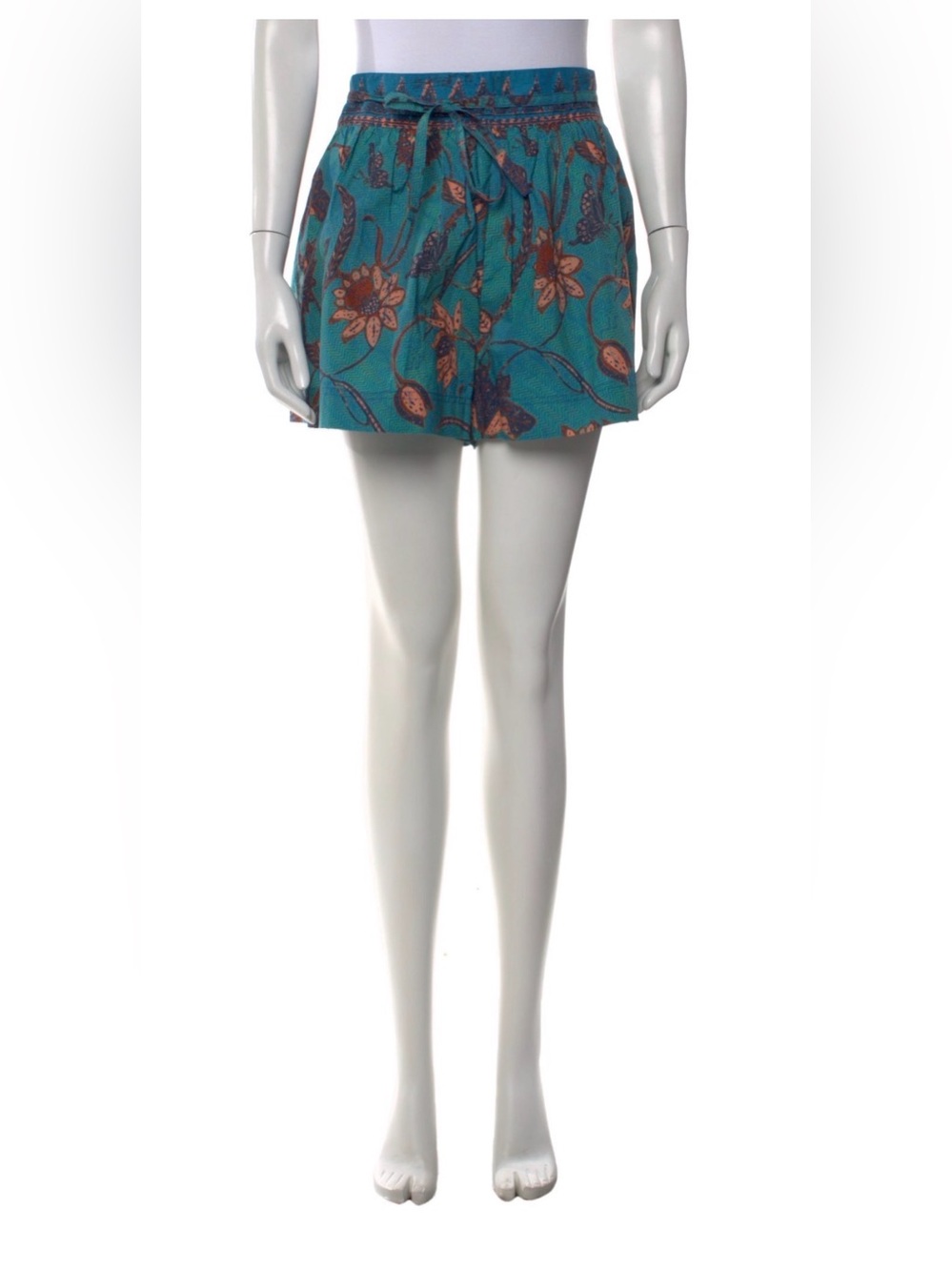 Ulla Johnson Teal Floral Drawstring Mini Shorts